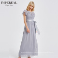 Simple design O neck chiffon lady maxi elegant dress with belt dresses evening long